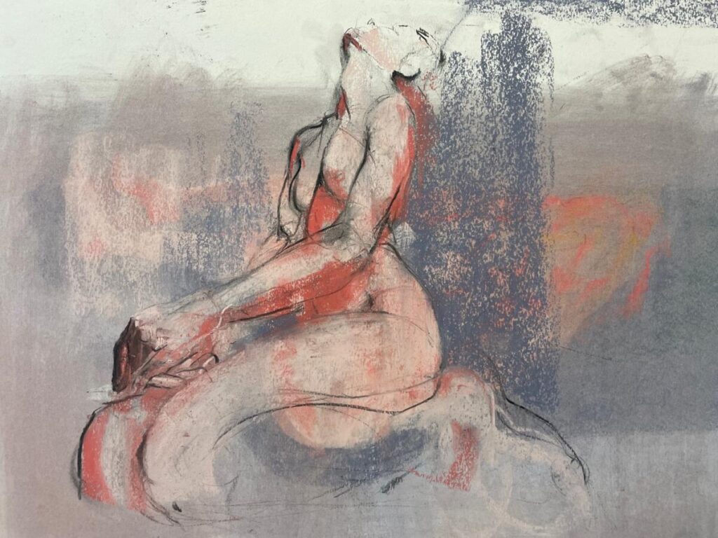 pastel drawing of naked woman sitting down by artist katie munro